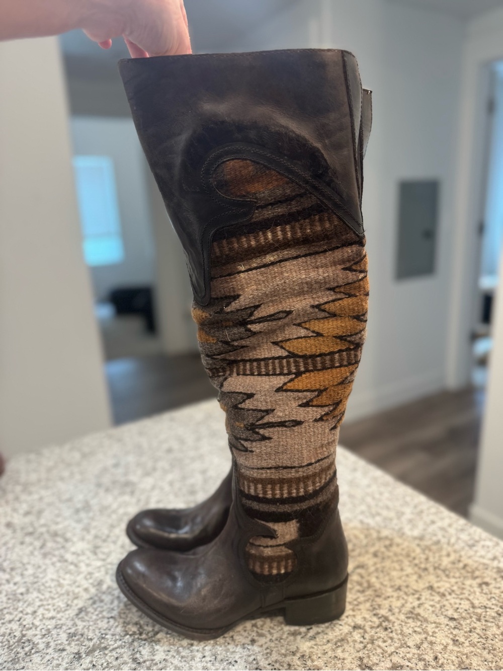 NEW FREEBIRD SUN Brown Leather and Tan Patterned Over-the-Knee Heeled Boots